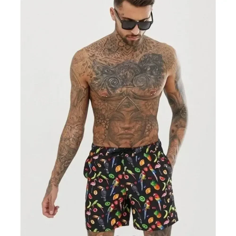 Asos  Swim Trunks Shorts Parrots Fruit Print Medium M Black Hawaiian Beachy